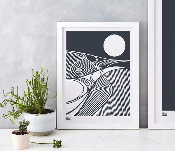Harvest Field Moon Wall Art Print in Slate Grey, Modern Print Designs for the Home