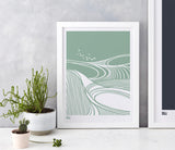 Harvest Field Swallows Wall Art Print in Green, Modern Print Designs for the Home