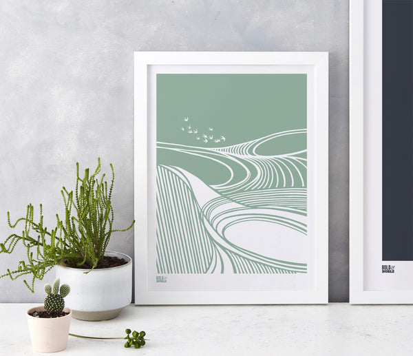 Harvest Field Swallows Wall Art Print in Green, Modern Print Designs for the Home
