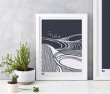 Harvest Field Swallows Wall Art Print in Slate Grey, Modern Print Designs for the Home