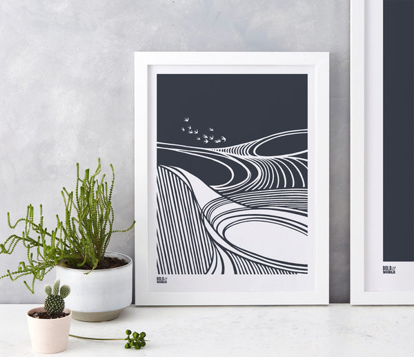 Harvest Field Swallows Wall Art Print in Slate Grey, Modern Print Designs for the Home