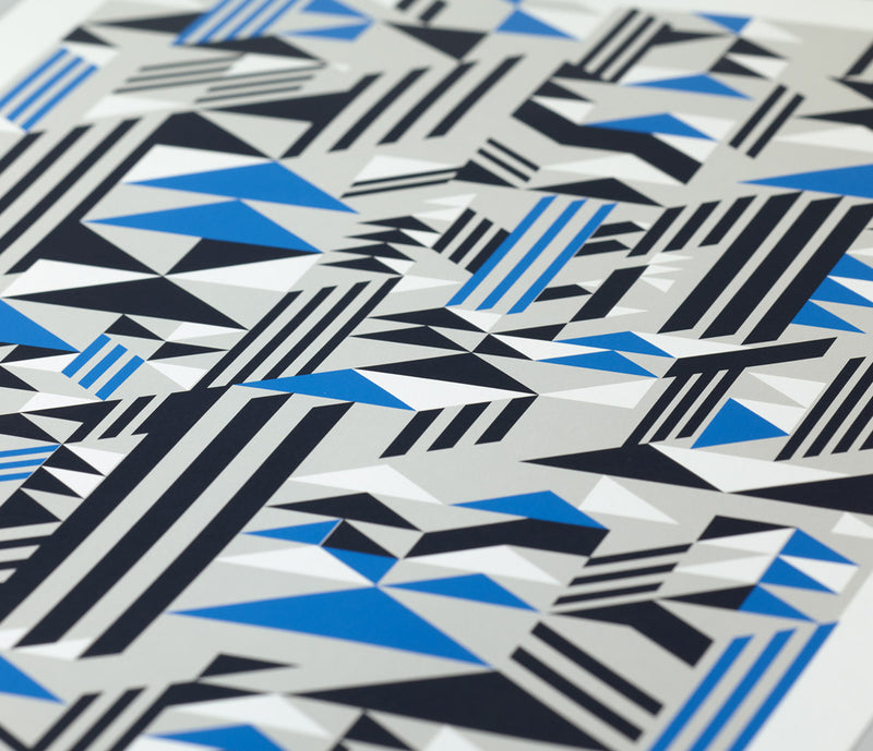 Close up of Higher Geometric Shapes in blue and grey, screen printed poster
