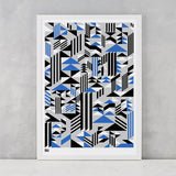 Geometric Higher Screen Print in blue black and grey, printed on recycled card, delivered worldwide