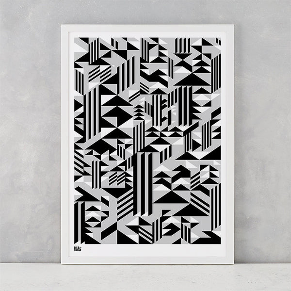Geometric Higher Screen Print in black and grey, printed on recycled card, delivered worldwide