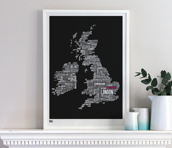 Wall Art ideas: Economical Screen Prints, UK type map limited edition with 'Hitchin' in pink