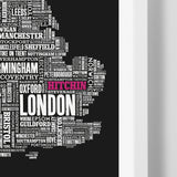 Close Up of UK Map limited edition print in black with 'Hitchin' in pink, screen printed on recycled paper, delivered worldwide