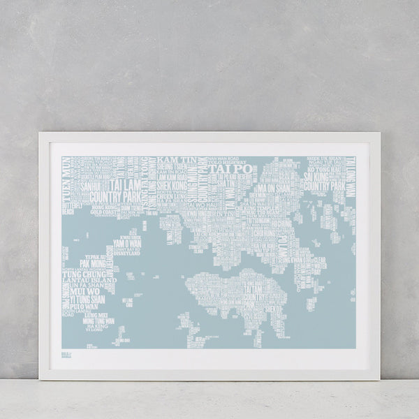 Hong Kong Type Map in Duck Egg Blue, screen printed on recycled card, delivered worldwide