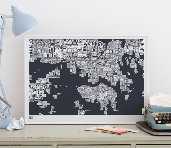 Wall Art ideas: Economical Screen Prints, Hong Kong Type Map in sheer slate