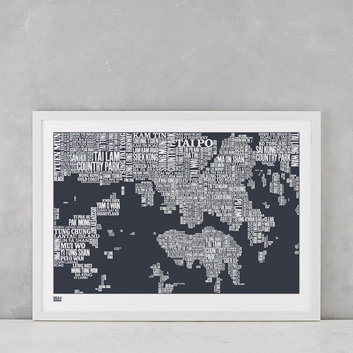 Hong Kong Type Map in Sheer Slate, screen printed on recycled card, delivered worldwide