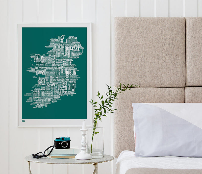 Wordle Ireland Map Wall Art Print, Screen Printed Poster in Emerald Green