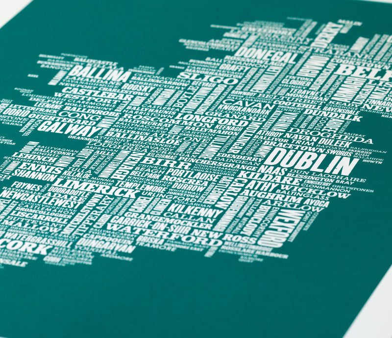 Close up of Ireland Type Map in Emerald Green, screen printed poster