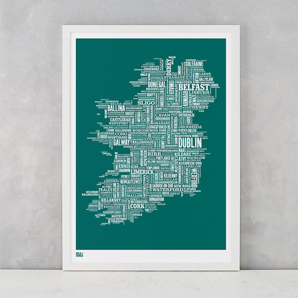 Ireland Type Map in Emerald Green, screen printed on recycled card, delivered worldwide