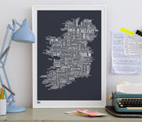 Wordle Ireland Map Wall Art Print, Screen Printed Poster in Sheer Slate