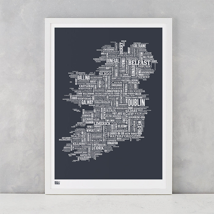 Ireland Type Map in Sheer Slate, screen printed on recycled card, delivered worldwide