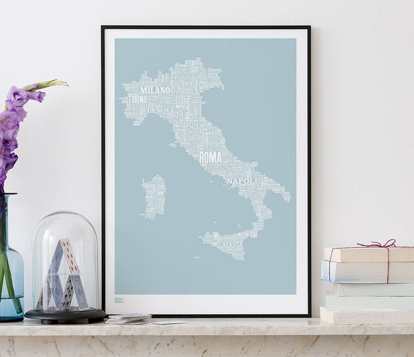Wordle Italy Map Wall Art Print, Screen Printed Poster in duck egg blue
