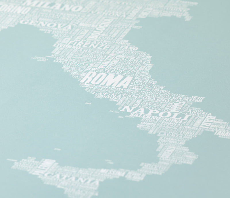 Close up of Italy Type Map in duck egg blue, screen printed poster