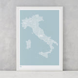 Italy Type Map in Duck Egg Blue, screen printed on recycled card, delivered worldwide