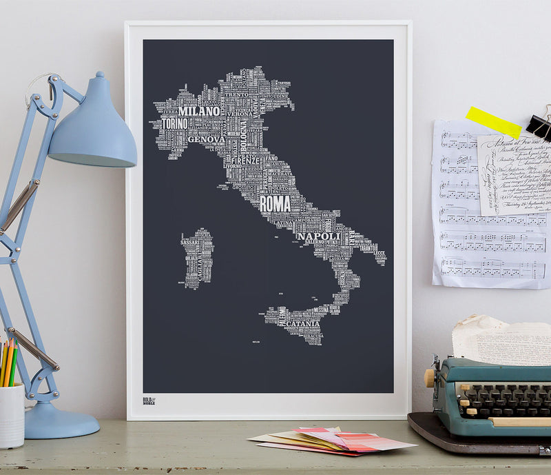 Wordle Italy Map Wall Art Print, Screen Printed Poster in Sheer Slate