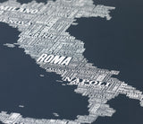 Close up of Italy Type Map in Sheer Slate, screen printed poster