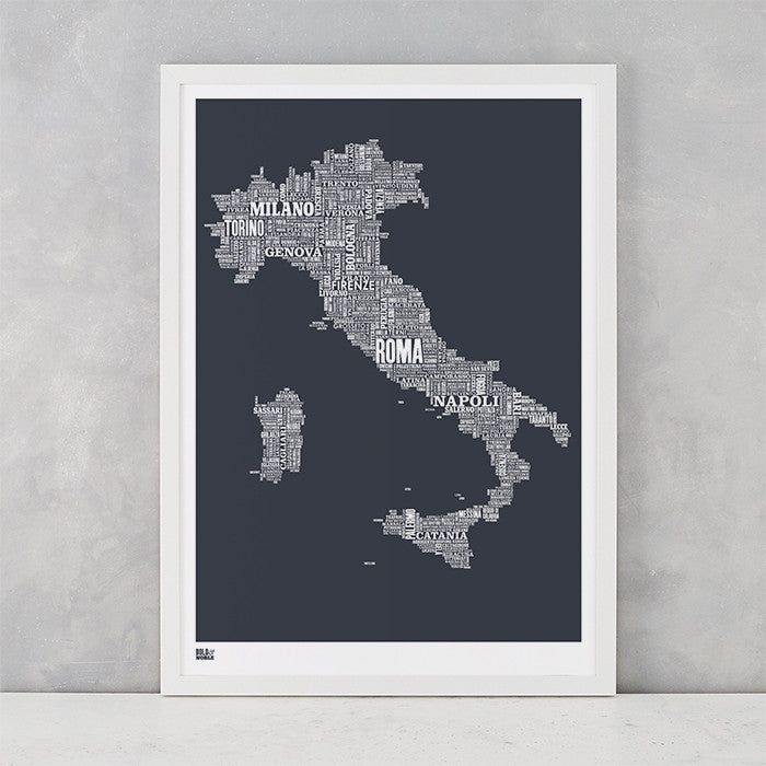 Italy Type Map in Sheer Slate, screen printed on recycled card, delivered worldwide