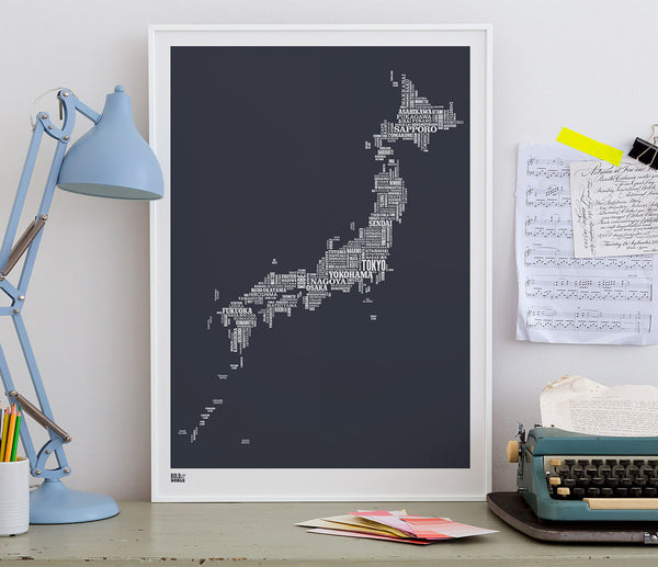 Wordle Japan Map Wall Art Print, Screen Printed Poster in Sheer Slate