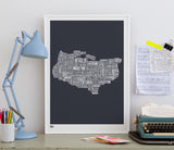 Pictures and Wall Art, Screen Printed Kent Type Map in Sheer Slate
