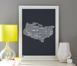 Wordle Kent Map Wall Art Print, Screen Printed Poster in Sheer Slate