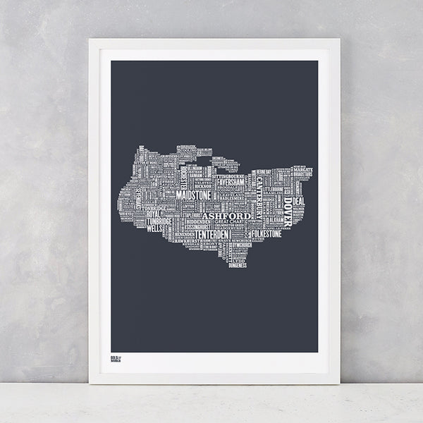 Kent Type Map in Sheer Slate, screen printed on recycled card, delivered worldwide