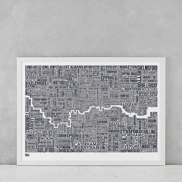 London and Beyond Type Map Print in sheer slate, screen printed onto recycled card, deliver worldwide