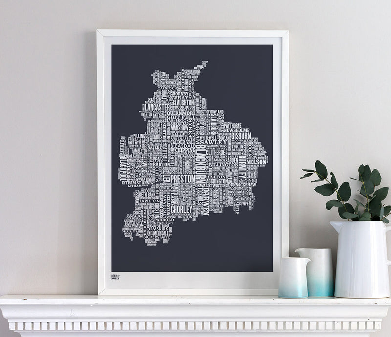 Wordle Lancashire Map Wall Art Print, Screen Printed Poster in Sheer Slate