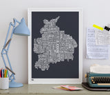 Pictures and Wall Art, Screen Printed Lancashire Type Map in Sheer Slate