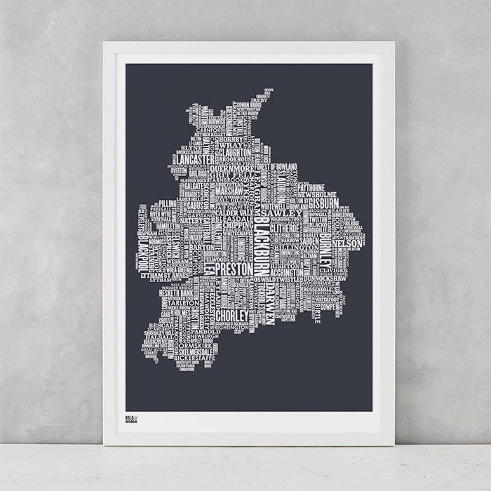 Lancashire Type Map in Sheer Slate, screen printed on recycled card, delivered worldwide