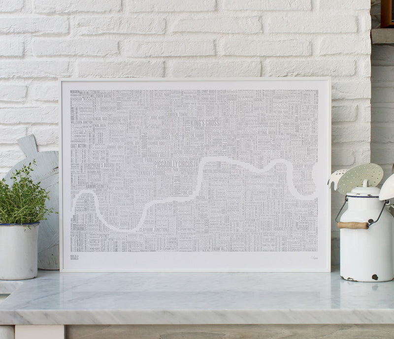 Wall Art Ideas: Economical Screen Prints, London Limited Edition Foil Blocked Type Map in Silver