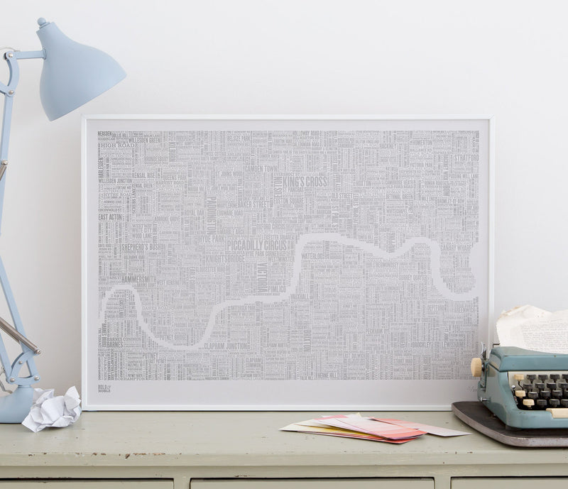 Wordle Map of London Art Print, Foil Blocked in Silver