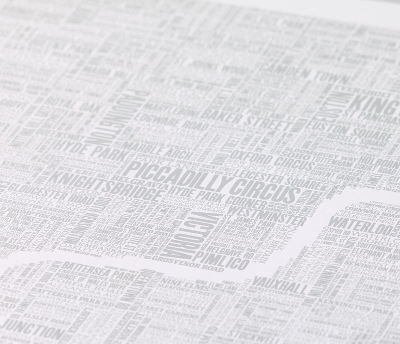 Close up of London Type Map Foil Blocked Limited Edition Print in Silver