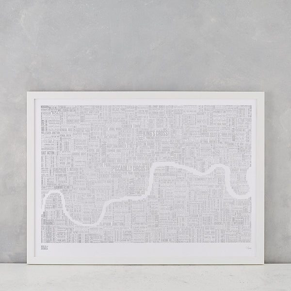 London Limited Edition Foil Blocked Type Map in Silver, delivered worldwide