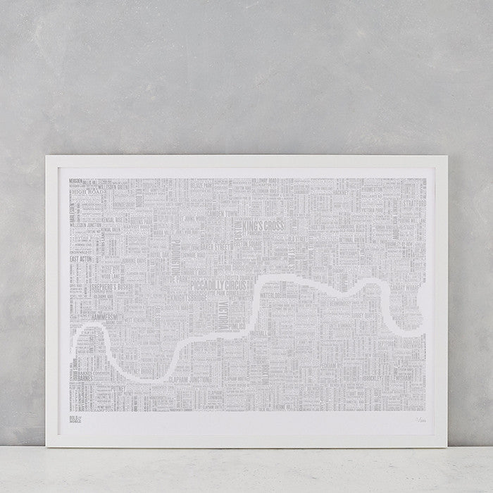 London Limited Edition Foil Blocked Type Map in Silver, delivered worldwide