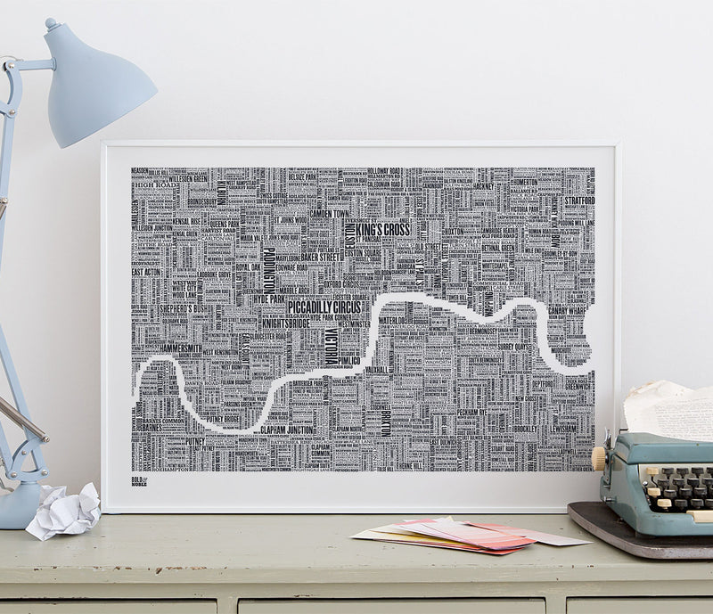 Wordle Map of London Art Print, screen print on recycled card