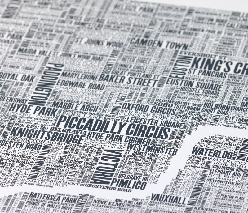Close up of London Type Map Print on recycled card
