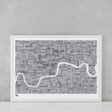 London Type Map Print in sheer slate, screen printed onto recycled card, deliver worldwide