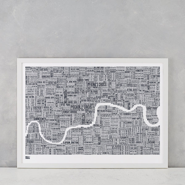 London Type Map Print in sheer slate, screen printed onto recycled card, deliver worldwide