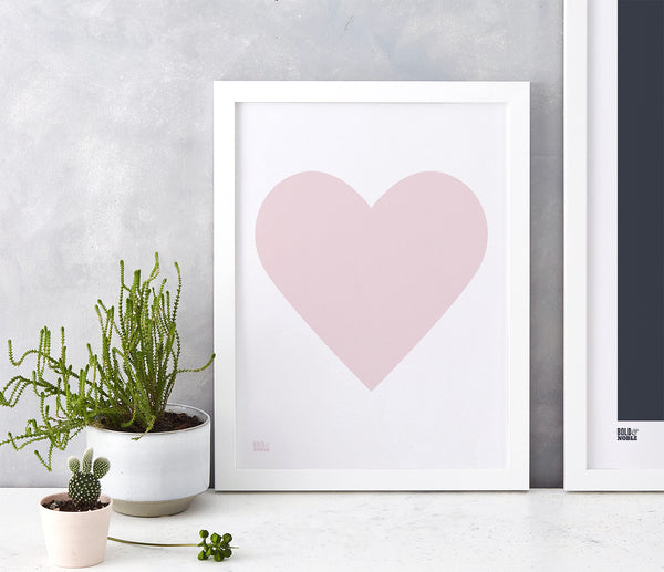 Love Heart Print, Pink Blush on White