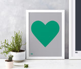Love Heart Print, Emerald Green on Dark Grey