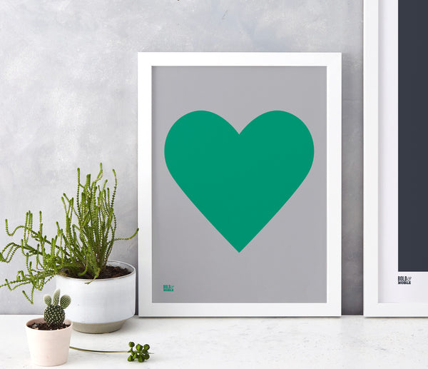 Love Heart Print, Emerald Green on Dark Grey