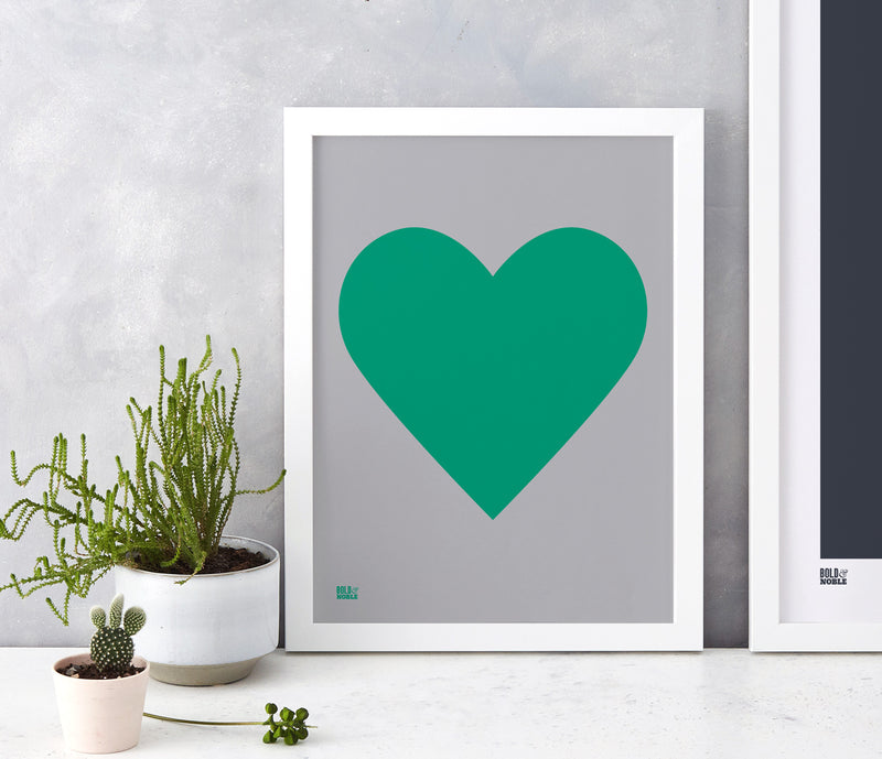 Love Heart Print, Emerald Green on Dark Grey