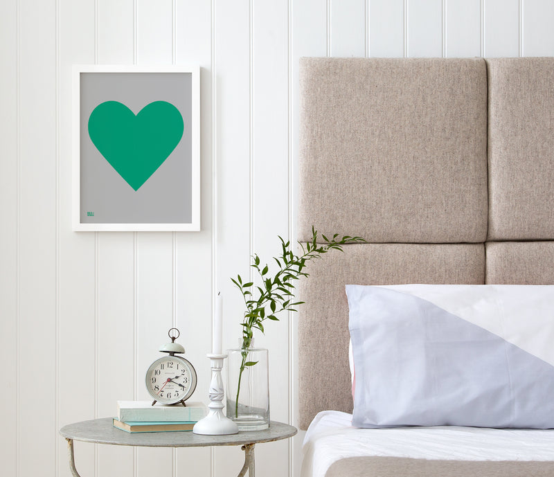 Love Heart Print, Emerald Green on Dark Grey
