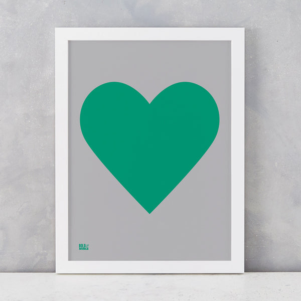Love Heart Print, Emerald Green on Dark Grey