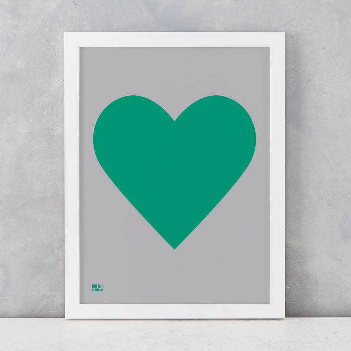 Love Heart Print, Emerald Green on Dark Grey