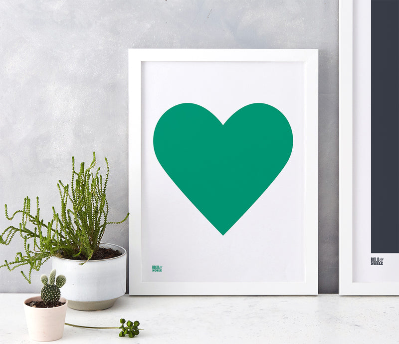 Love Heart Print, Emerald Green on White