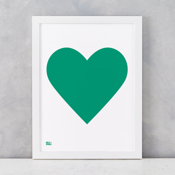 Love Heart Print, Emerald Green on White